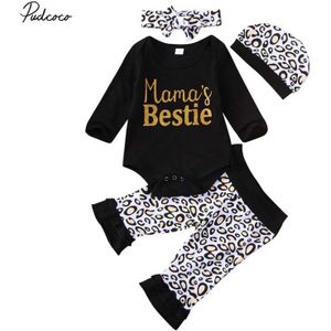 Baby Lente Herfst Kleding Pasgeboren Peuter Baby Meisje Tops T-shirt Luipaard Broek Hoofdband Hoed 4Pcs Outfit Kleding set