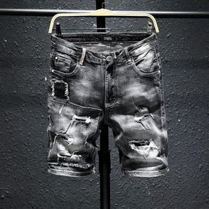 Mannen Grijs Denim Shorts Zomer Gaten Zwarte Korte Jeans Mannen Katoen Stretch Jean Shorts Knielengte Jeans maat 36