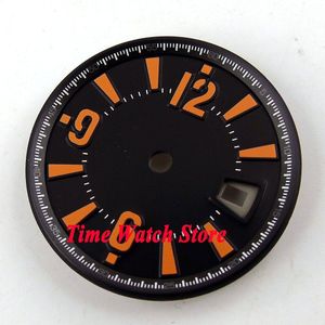 31.5mm zwart sterial dial orange marks datum venster horloge Wijzerplaat Voor eta 2836 mingzhu 2813 4813 beweging D44