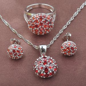 Mode Rode Zirconia Vrouwen Zilver Kleur Sieraden Sets Ketting Hanger Oorbellen Ring TZ0550