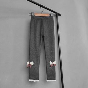 Meisjes Imitatie Denim Broek Herfst Winter Kinderen Plus Fluwelen Lange Broek Baby Meisjes Boog Kant Warme Broek Donkerblauw Zwart