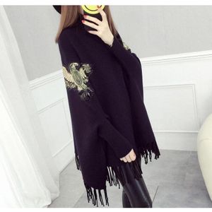 Fall Winter Sjaal Breien Trui Vrouwen Rode Kralen Lovertjes Kwastje Mantel Cape Batwing Mouw Casual Coltrui Losse Truien