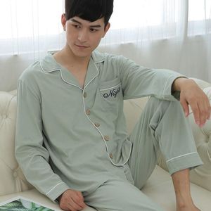 Groene Katoen 2 Stuks Losse Pyjama Pak Mannen Volledige Mouw Shirt &amp; Broek Nachtkleding Lente Herfst Casual Home Kleding losse Nachtkleding