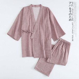 Japanse Stijl Kimono Top Broek Katoenen Pyjama Vrouwen Mannen Paar Ademend Homewear Mode Dunne Spa Linnen Yukata Effen Nachtkleding