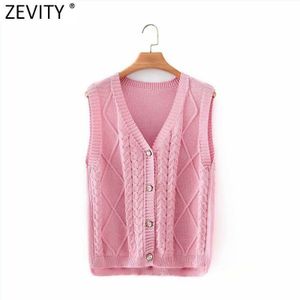 Zevity Vrouwen V-hals Candy Kleur Twist Gehaakte Breien Vest Trui Femme Chic Zoete Breasted Vest Vesten Tops S618