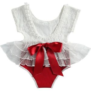 Focusnorm 0-24M Prinses Baby Meisjes Kant Bodysuits Korte Mouw Bloemen Rode Strik Jumpsuits Een Stuk