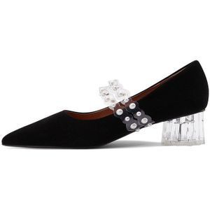 Vrouwen Schoenen Mid-Hak Mary Jane Parel Wees Teen Dikke Hak Retro Hoge Hakken Dress Party Black dames Pumps Vierkante Neus