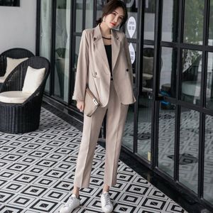 Vrouwen 2 Stuks Set Double Breasted Kaki Blazer & Hoge Taille Broek Pak Mode Vrouwelijke Jas Werkkleding Sets Vrouwelijke Pak