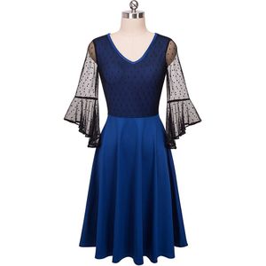 Nice-Forever Vrouwen Elegante Kant Trompet Mouwen Vestidos Retro A-lijn Party Vrouwelijke Jurk A050