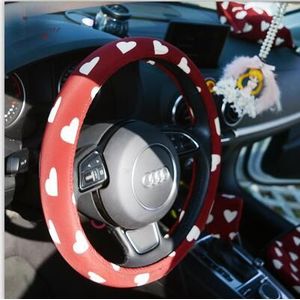 Liefde Rode Auto Stuurwiel Covers Cotoon Auto Interieur Hoofdsteun Taille Ondersteuning Kussens Zitkussen Covers Bescherming Voor Meisjes