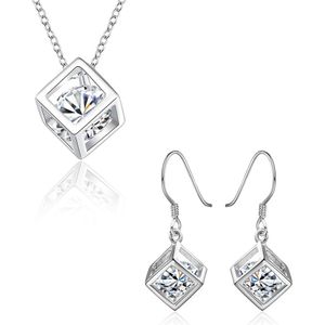 925 Zilveren Sieraden Set Zilveren Zirkoon Kristal Vierkante Ketting Oorbellen Set Voor Vrouw Charm Jewelry