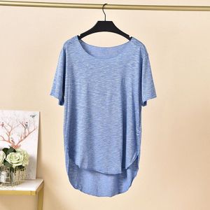 Vrouwen Zachte Bamboe Loungewear Tops Losse Korte Mouwen Tee Shirt Gebogen Zoom Hoge Lage Vriendje T-shirt Modale Dunne Toevallige tee