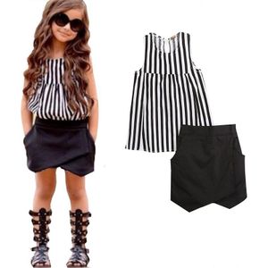 -Selling 2 Stuks Baby Kids Meisjes Zomer Kleding Mouwloze Gestreepte Tops Blouse + Asymmetrische Shorts Outfits Kleding set 2 ~ 7T