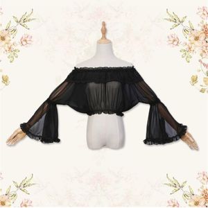 Abrikoos Zwart Wit Lange Mouw Crop Top Vrouwen Boothals Elegante Blusas Vrouwelijke Stroken Chiffon Dieptepunt Hemd Lolita Blouse