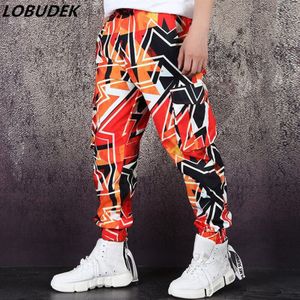 Geometrische Patroon Tij Mannelijke Harembroek Cargo Broek Losse Casual Broek HIP HOP Rock DJ Danser Stadium Kostuum Oranje Bar tonen