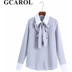 Gcarol Vrouwen Turn Down Kraag Vlinder Strik Ol Shirt Schouder Poplin Gestreepte Werk Blouse Plus Size Top Vier Seizoen