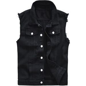 Sokotoo Mannen Zwarte Jean Vest Slanke Fringe Denim Vest Mouwloze Tank Top