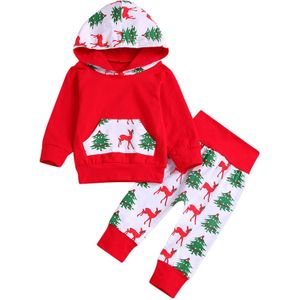 (3M-24M) kerst Baby Pak Winter Lange Mouwen Kerst Print Stiksels Hooded Trui + Kerstboom Print Broek Pak 50 *