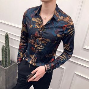 Animal Print Modeshow Vintage Shirt Mannen Camisa Masculina Slim Fit Club Party Prom Gedrukt Mens Shirt Chemise Homme