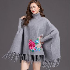 Mode kwastje zoom mantel trui shawl jas herfst en winter geborduurde hoge kraag trui vrouwelijke vleermuis mouw