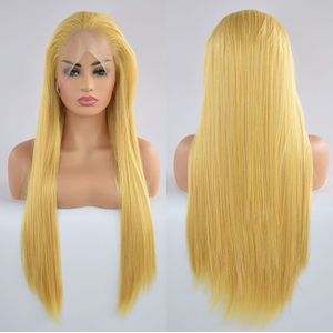Bombshell Mix Gele Kleur Straight Synthetische Haarkant Lijmloze Hittebestendige Vezel Hair Gratis Scheiding Voor Vrouwen Pruiken