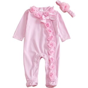 Meisje Effen Kleur Zachte Decoratieve Knoppen Met Hoofdband Casual Baby Romper Set Kant Bloem Leuke Strik Lange Mouw Lichtgewicht