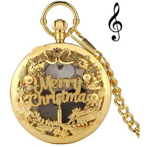 Rose Gold Vrolijk Kerstfeest Hand Crank Music Quartz Zakhorloge Unieke Spelen Muziek Fob Horloge Nieuwjaar Xmas Voor mannen Vrouwen