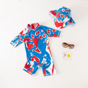 Badmode Maillot De Bain Close-Fitting Elastische Zomer Een Stuk Suits Meisjes Jongens Lange Mouwen Geometrische Kids zwemmen Pak