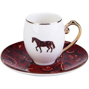 Karaca Aşkar 2 Persoon Koffie Cup Set Wit Zwart Paard Dacht Porselein Rood Schoteltjes Nieuw Veilig