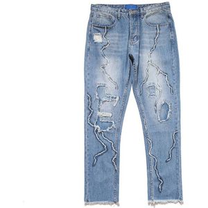 Skinny Ripped Jeans Voor Mannen Blauw Motorfiets Lightning Print Gaten Denim Broek Mode Patchwork Rits Hiphop Jeans Homme Denim