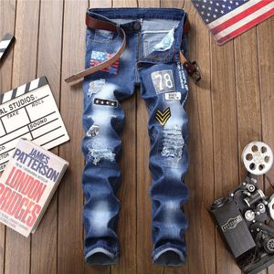 Europese En Amerikaanse Stijl Mode Mannen Jeans Stiksels Ripped Slim Straight Stretch Vernietigd Broek