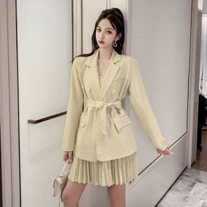 Koreaanse Stijl Pak Herfst Solid Slim Sling Geplooide Jurk Vrouwelijke + lange mouwen Double-Breasted Pocket Riem Pak jas