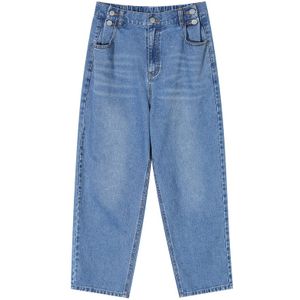 Elfsack Blauw Solid Pocket Gewassen Casual Straight Vrouwen Jeans Winter Elastische Taille Koreaanse Losse Office Dames Dagelijks Broek