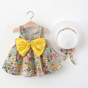 Mode Meisjes Baby Bloem Vestidos Kinderen Casual Zomer Kleding Peuter Leuke Boog Jurk Met Hoed Prinses Party Kostuums