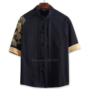 8XL Tang Pak Korte Mouw Tops Traditionele Chinese Retro Mannelijke Draak Borduurwerk Plus Size Shirts Voor Mannen Kung Fu kleding