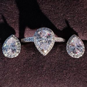 Echt 925 Sterling Zilveren Peer Zirkoon Sieraden Set Engagement Ring Stud Earring Voor Bruiloft Kerst Valentijnsdag J1473