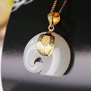 Goud Jade Hanger Ketting Hetian Jade Olifant Hanger Lucky Amulet 24 K Gouden Sieraden Voor Vrouwen Mannen