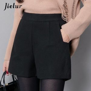 Jielur Herfst Koreaanse Black Shorts voor Vrouwen Winter Klassieke Basic Casual Wijde Pijpen Korte Femme Losse Rits Wollen Shorts