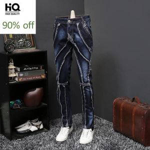 Patchwork Mannen Denim Broek Streetwear Klassieke Blauwe Slim Fit Mannelijke Verontruste Verzwakte Punk Stijl Rechte Jeans