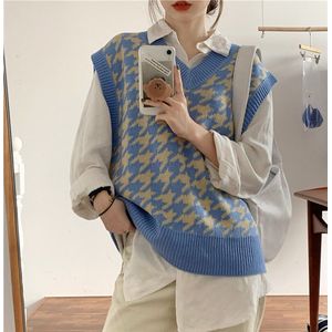 Houndstooth Trui Vest Winter Mode Losse Diamant V-hals Trui Vest Plaid Vest Herfst Mouwloze Trui Truien