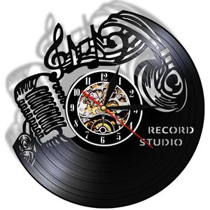 Muziek Notes Muur Art G-sleutel Vinyl Record Wandklok Muziek Art Vintage Klok Horloge Rock N Roll Headset Microfoon wandlamp