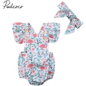 Kinderen Zomer Kleding Pasgeboren Baby Baby Meisjes Flamingo Bodysuit Hoofdband 2 Stuks Backless Cross Sunsuit Outfits Kleding