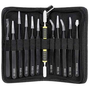 Pincet 12 Stuks Esd Pincet Gereedschap Kit Anti-Statische Niet-magnetische Rvs Multi-Standaard Met Opslag tas