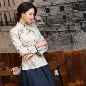 Lente Herfst Lange Mouw Traditionele Chinese Kleding Vrouw Cheongsam Blouse Shirt Katoen Linnen Qipao Tops Tang Kostuum