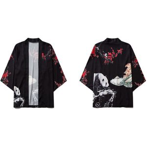 Gonthwid Panda Pruimenbloesem Print Mens Casual Kimono Japanse Bloemen Gedrukt Kimono Vest Shirts Jassen Streetwear Jassen