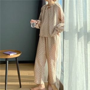 Lente Herfst 100% Katoen Pyjama Set Shivering Cherry Print Kant Nachtkleding Pyjama Broek 2 Stuks Lange Mouw Homewear Pak Y036