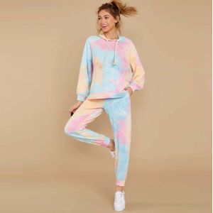 Kleur Tie-Geverfd Print Casual 2 Delige Set Vrouwen Tie-Geverfd Gedrukt Set Losse Casual Hoodie Lange set Dames Dragen # Z