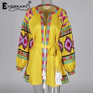 Everkaki Etnische Print Tassel Mini Jurk Vrouwen Zomer Vestidos Sjerpen Boho Dames Korte Jurken Losse Vrouwelijke Mode