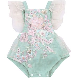 Prinses Baby Baby Meisjes Kant Geborduurde Romper Zoete Baby Ruffle Fly Mouwen Backless Jumpsuit Zomer Romper 0-24M