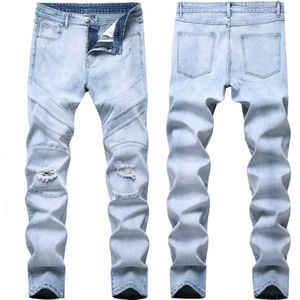 Gat Schade Gescheurd Blauw Motorfiets Jeans Denim Rubber Stretch Slim-Fit Broek Licht Lengte Plus Size Voor Nieuwkomer Knieën